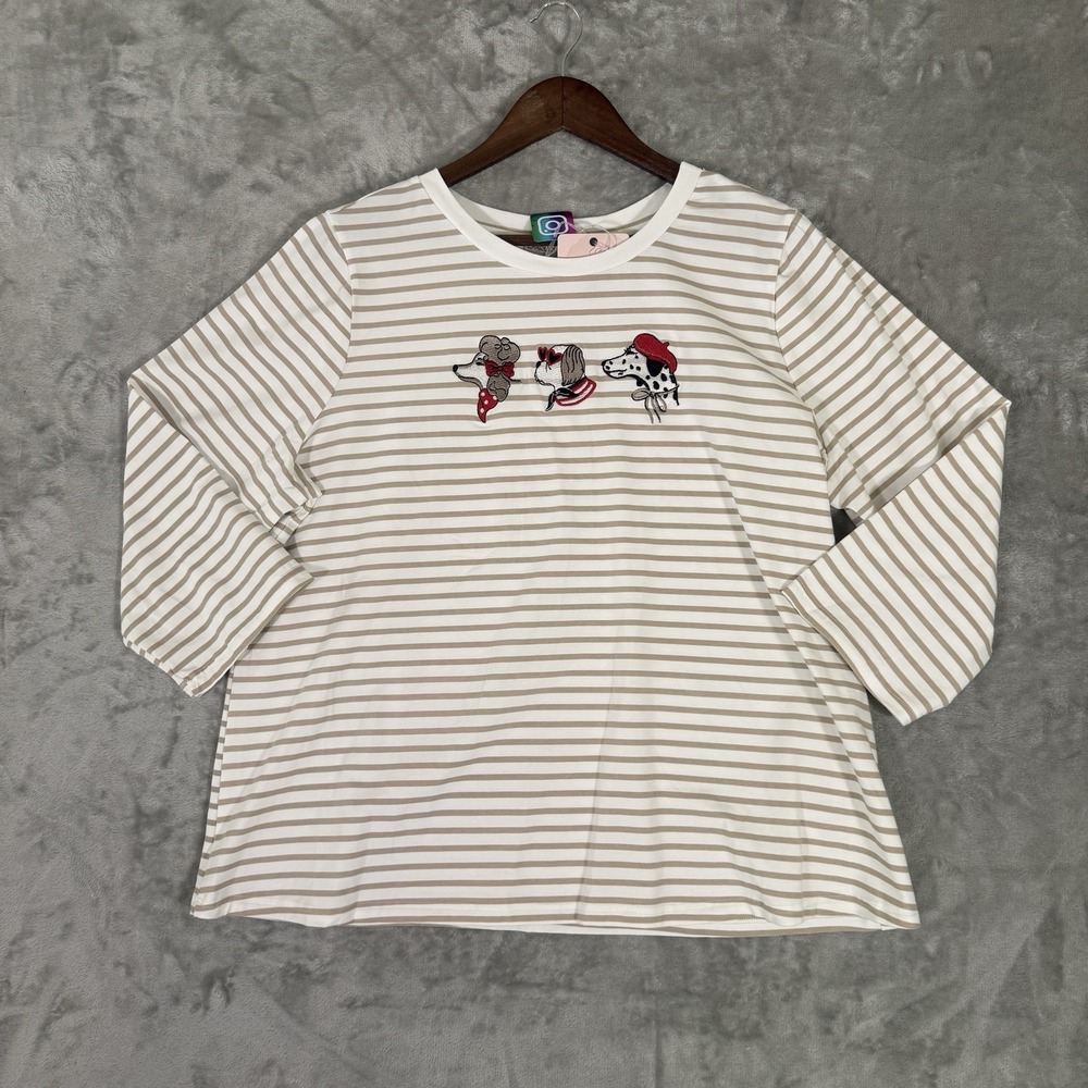 Carolyn Taylor 2X Women's White/Beige Striped 3/4 Sleeve, Embroidered Dogs Top